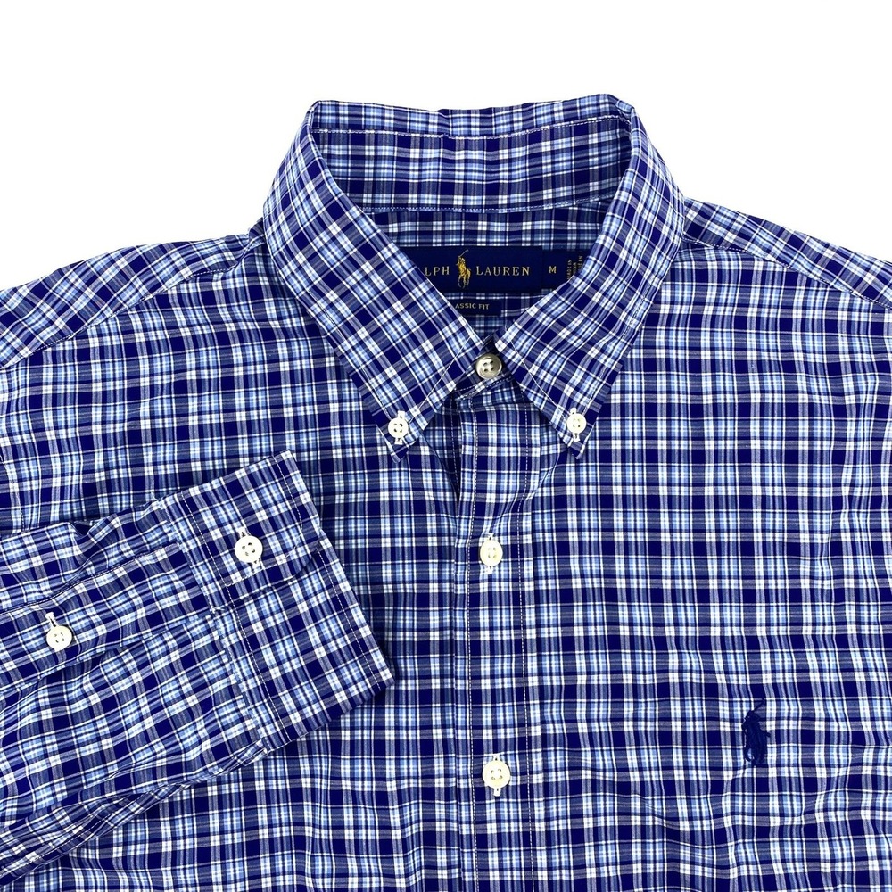 Ralph Lauren Mens Classic Fit Button Down Long Sleeve Shirt Blue Plaid Size M